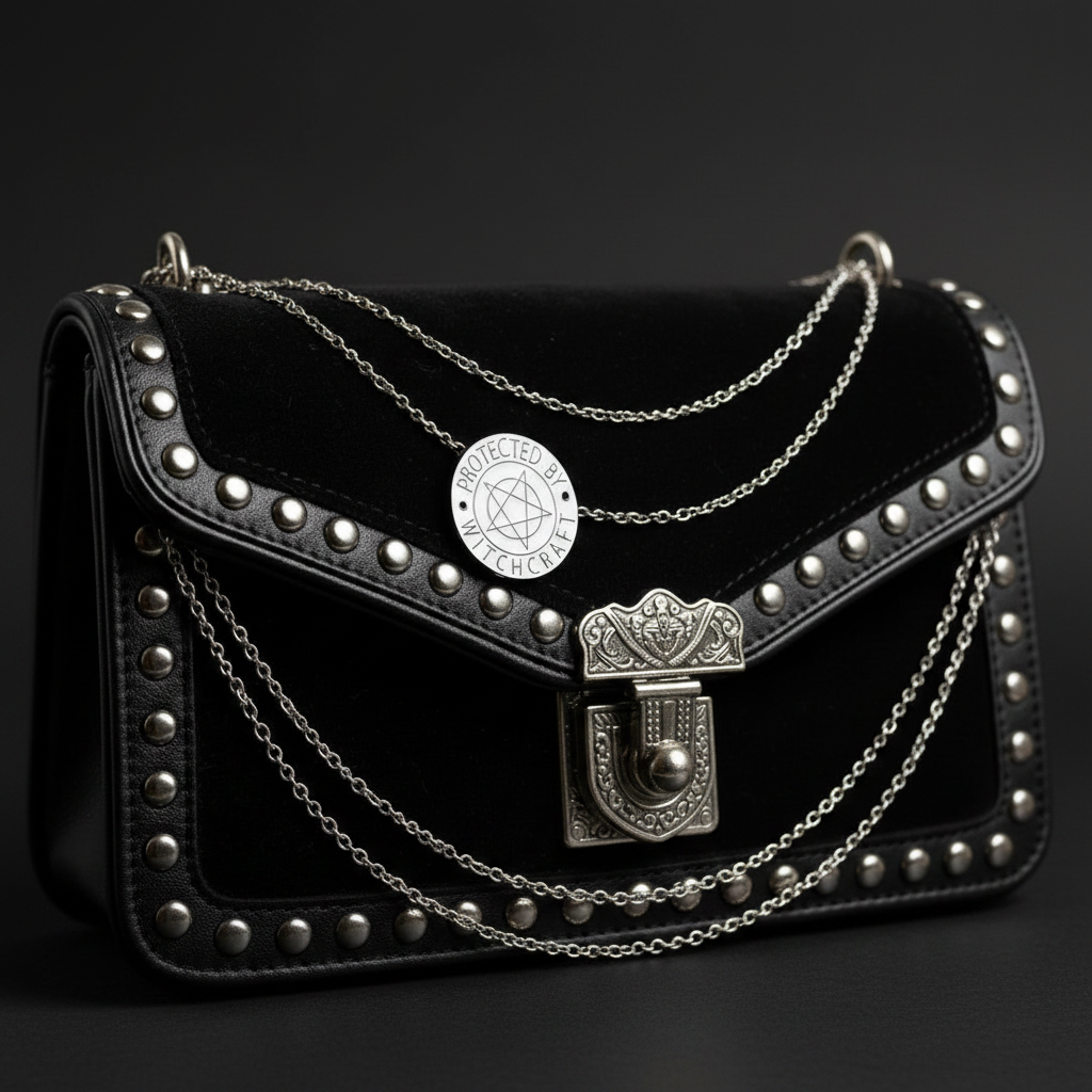 protected by witchcraft enamel pin attached to purse gothic brooch accessory for bags and personal style