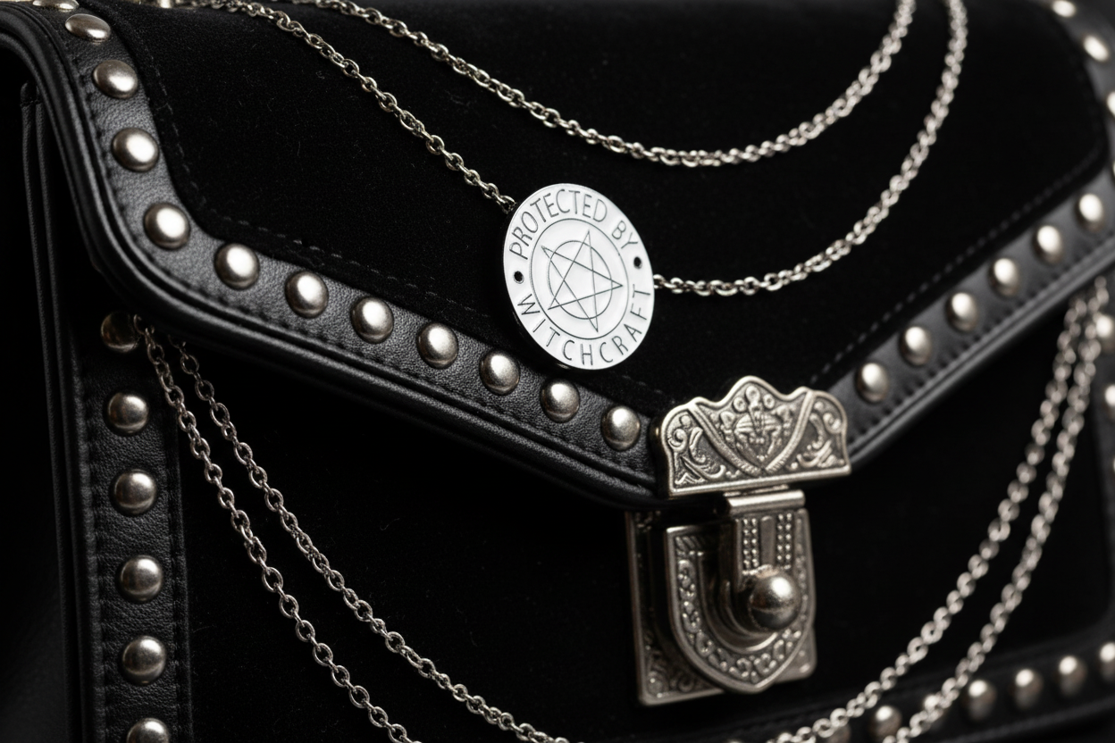 protected by witchcraft enamel pin attached to purse gothic brooch accessory for bags and personal style