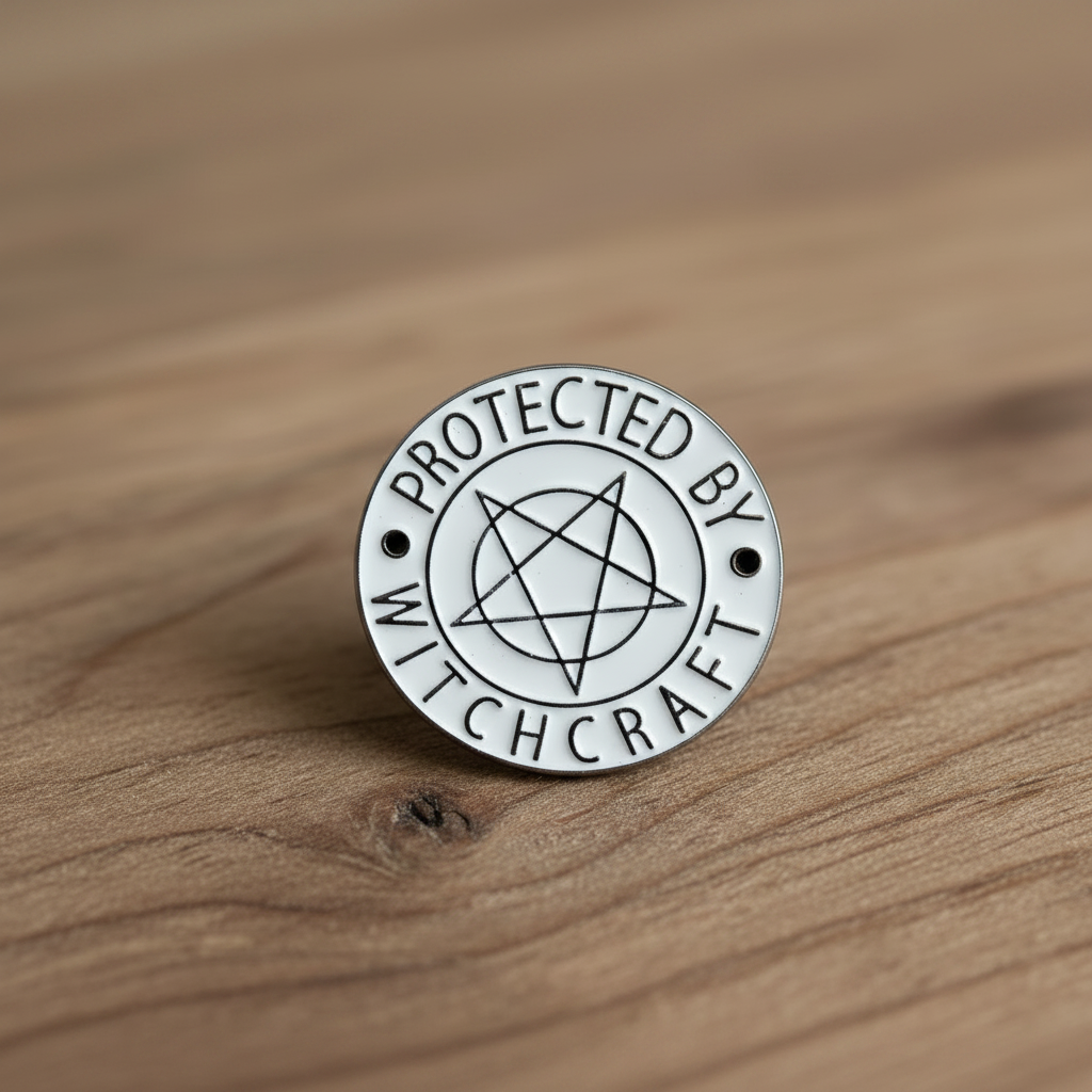 protected by witchcraft enamel pin on wood background alternative enamel pin with pentagram detail