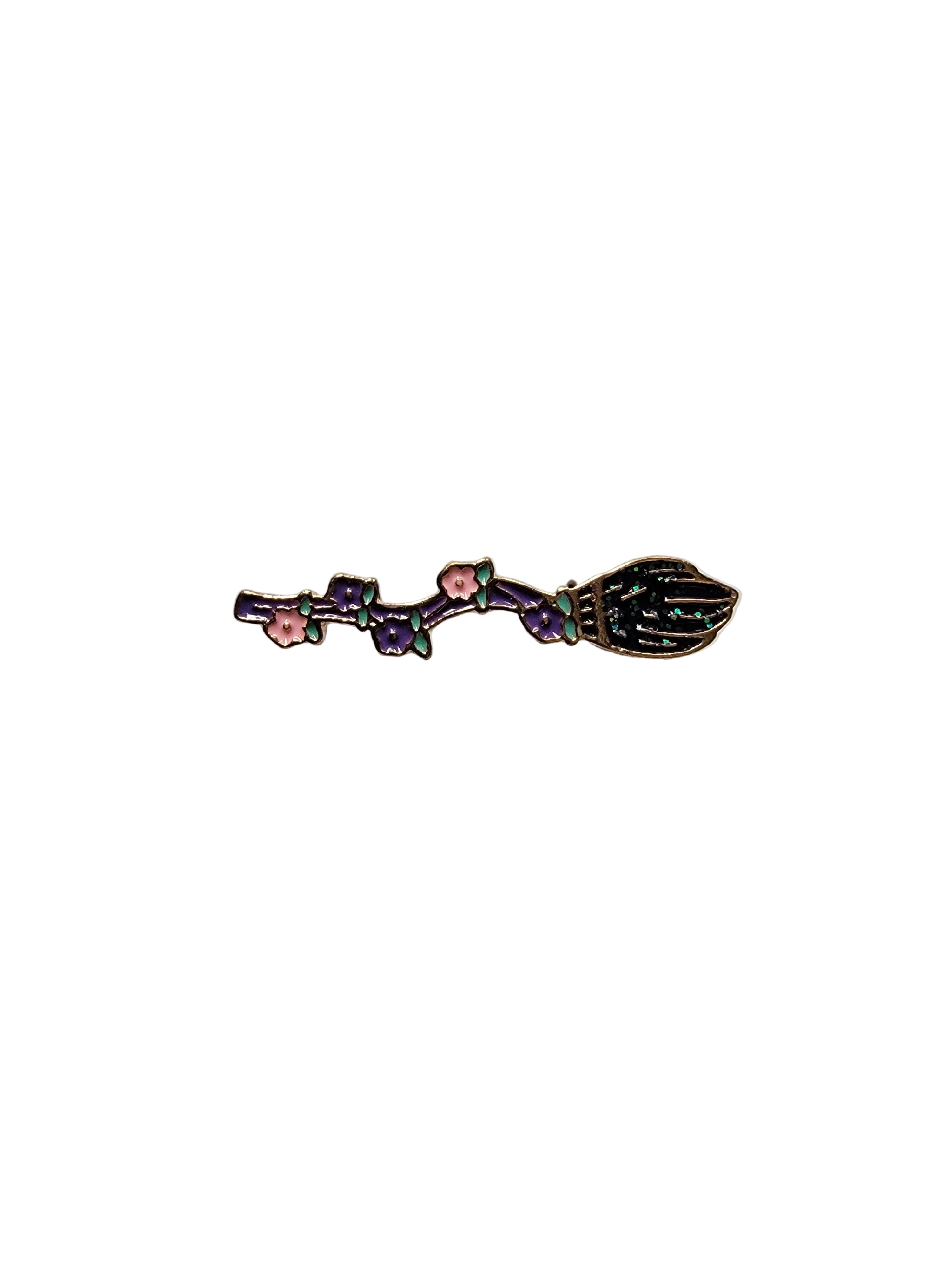 purple witch broom enamel pin featuring cute broom, witchy gift for jackets and bags