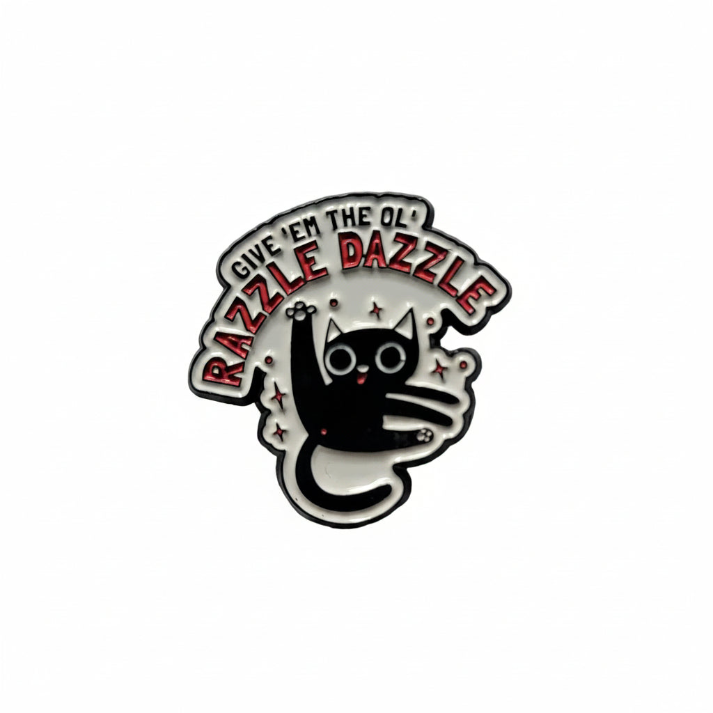 a white enamel pin with a cat and funny saying on a white background