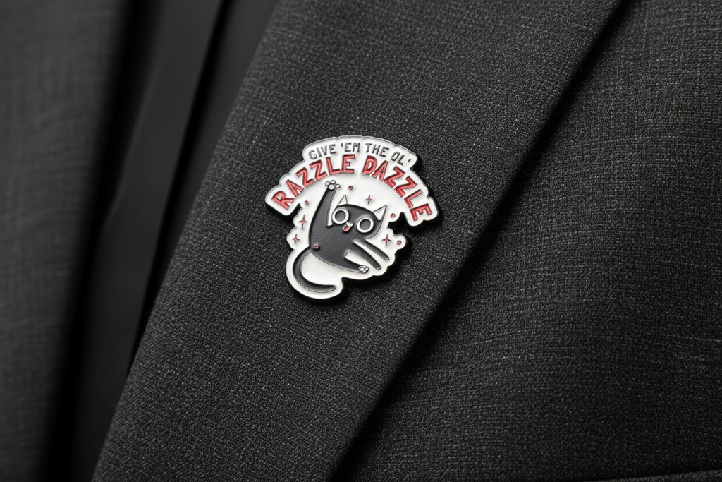 a white enamel pin with a cat and funny saying on a gray lapel background