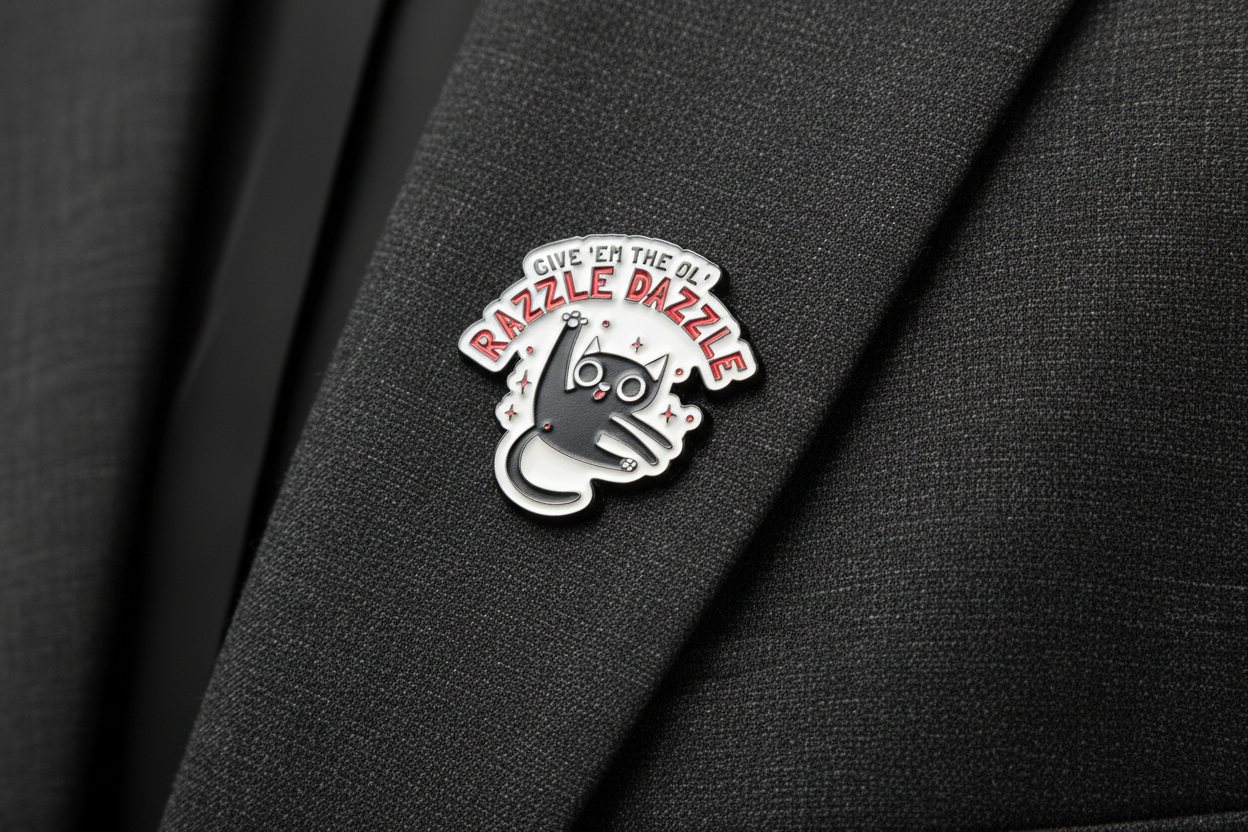 a white enamel pin with a cat and funny saying on a gray lapel background