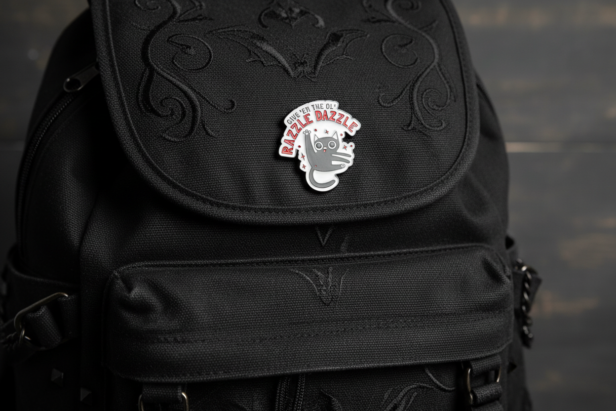 a white enamel pin with a cat and funny saying on a black bookbag background