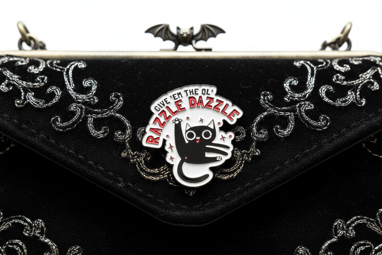 a white enamel pin with a cat and funny saying on a black purse background
