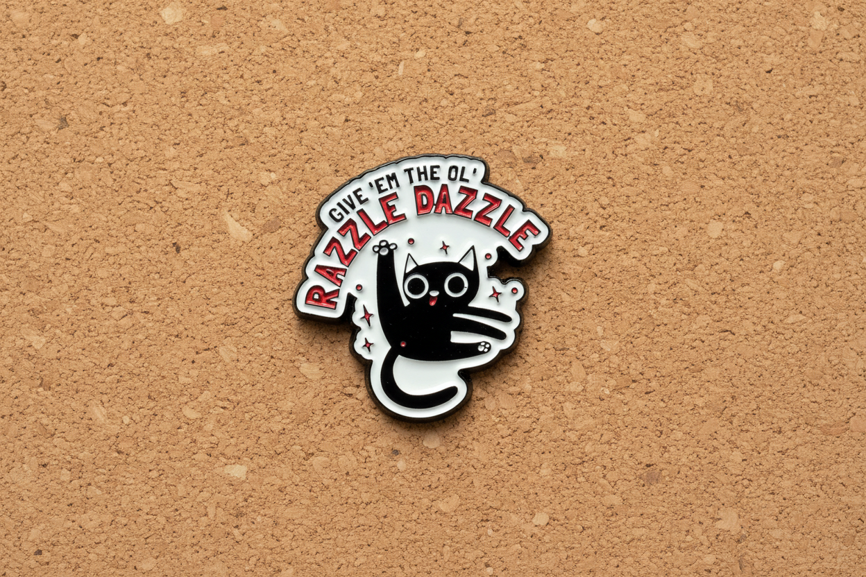 a white enamel pin with a cat and funny saying on a cork background