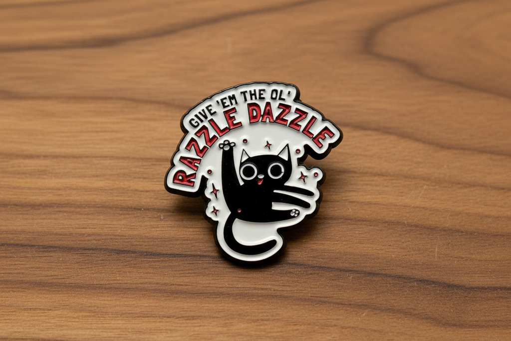 a white enamel pin with a cat and funny saying on a wood background