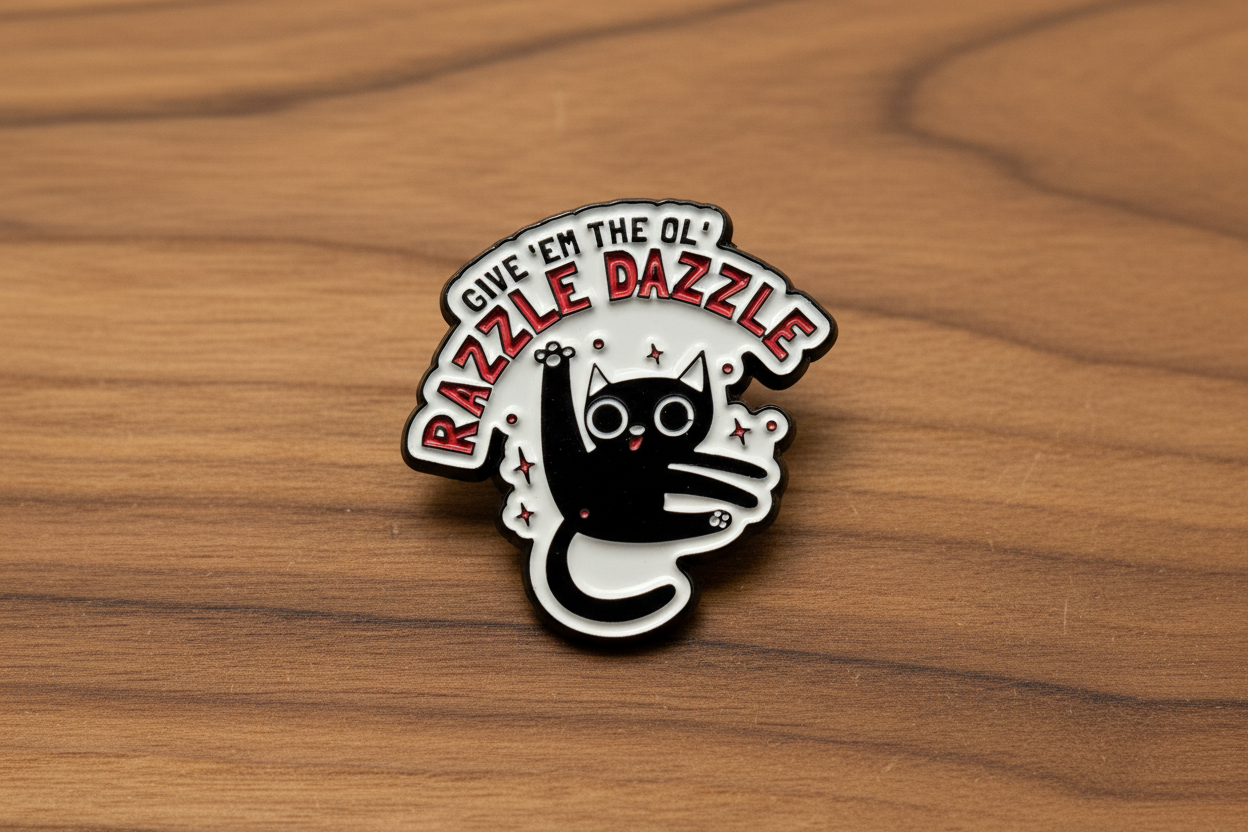 a white enamel pin with a cat and funny saying on a wood background