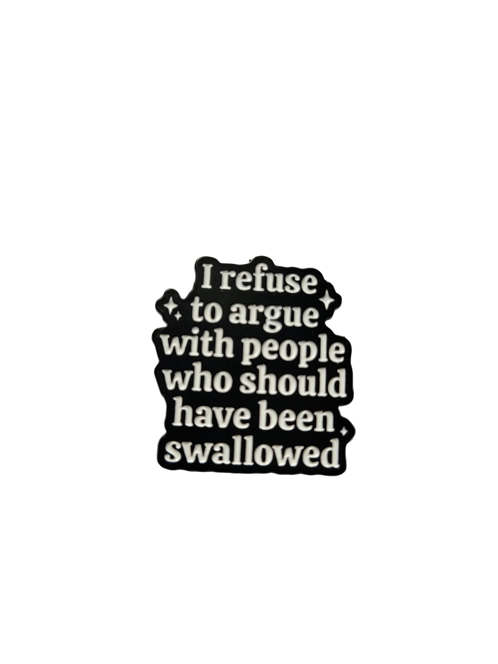 Black and white text pin on a gray background