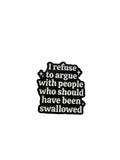Black and white text pin on a gray background