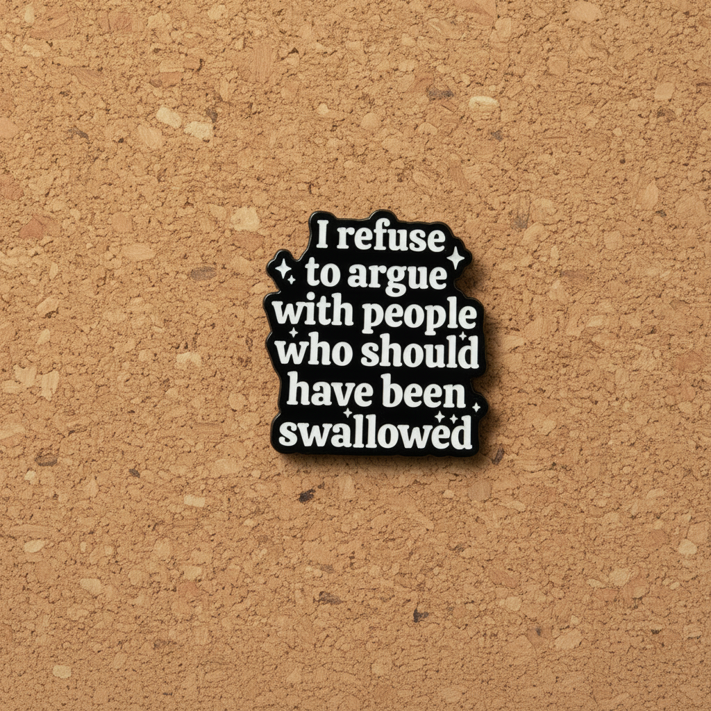 I refuse to aruge with people whe should have been swallowed enamel pin displayed on cork board sarcastic enamel pin for collectors and display
