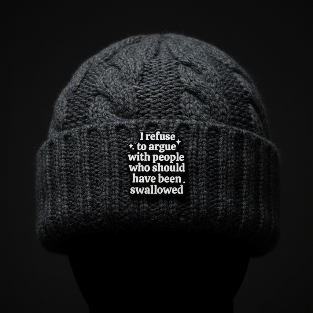 I refuse to argue with people who should have been swallowed enamel pin worn on beanie hat alternative enamel pin for casual outfits and street wear