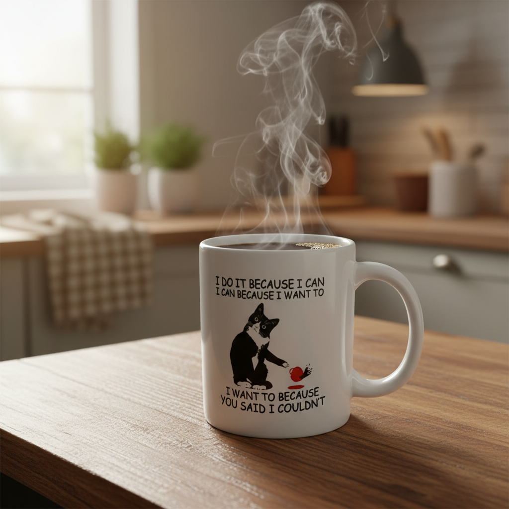 Funny Tuxedo Cat Coffee Mug – “I Do It Because I Can” Cat Lover Mug