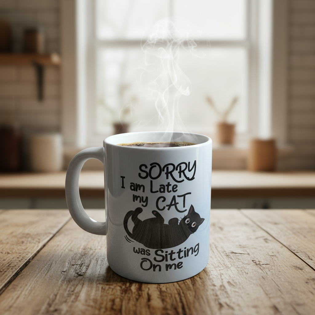 Sorry I’m Late My Cat Was Sitting on Me Coffee Mug – Funny Cat Lover Mug for Cat Moms & Cat Dads