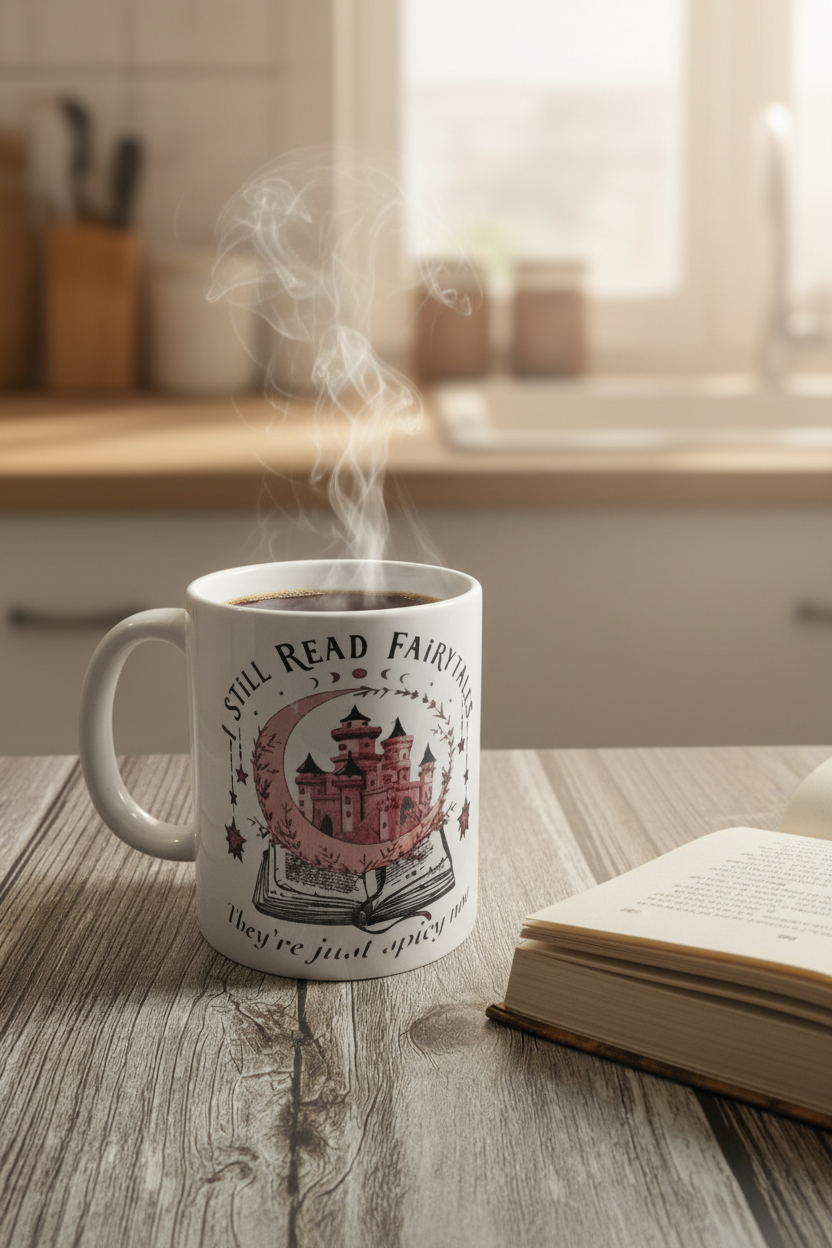 I Still Read Fairy Tales, They’re Just Spicy Now Coffee Mug – Booktok Fantasy Reader Gift with Castle Design