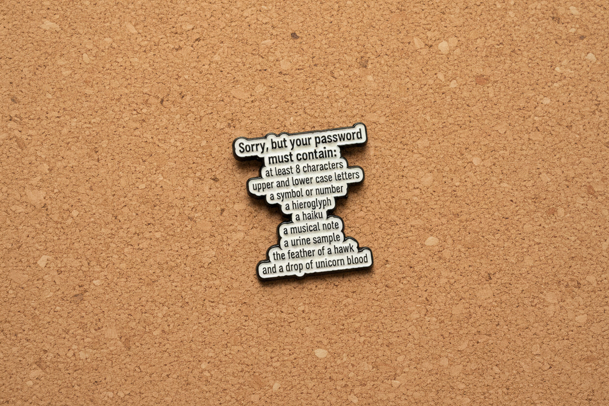Funny Password Requirements Enamel Pin – Office Humor Lapel Pin – Sarcastic Work Gift Accessory