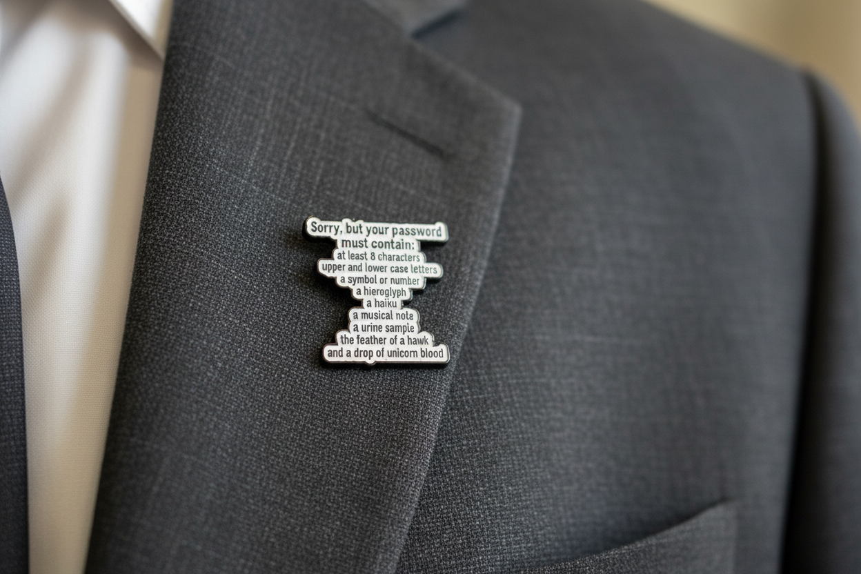 Funny Password Requirements Enamel Pin – Office Humor Lapel Pin – Sarcastic Work Gift Accessory