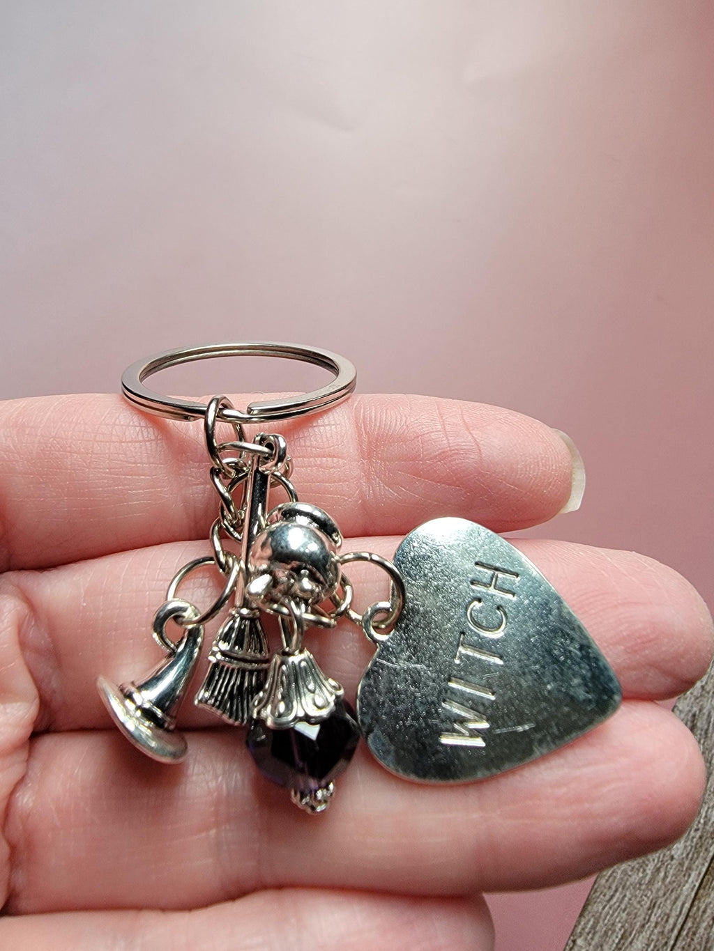 Witch Keychain with Purple Gem – Silver Charm Key Ring, Witch Hat Broom Cauldron, Gothic Witchy Gift, Halloween Accessory