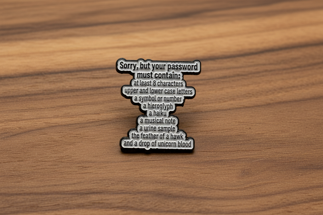 Funny Password Requirements Enamel Pin – Office Humor Lapel Pin – Sarcastic Work Gift Accessory