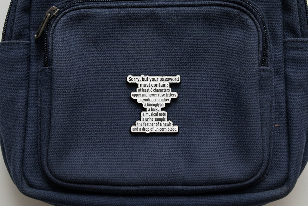 Funny Password Requirements Enamel Pin – Office Humor Lapel Pin – Sarcastic Work Gift Accessory
