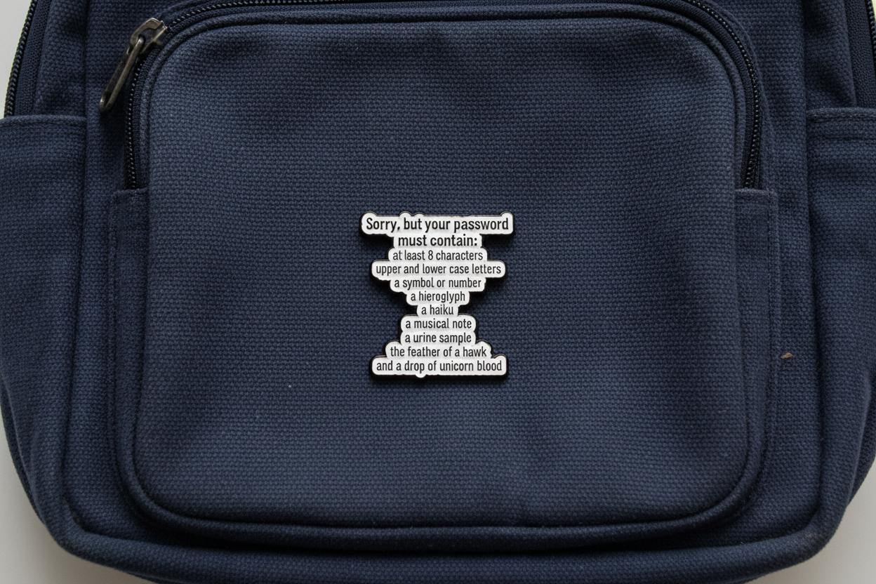 Funny Password Requirements Enamel Pin – Office Humor Lapel Pin – Sarcastic Work Gift Accessory