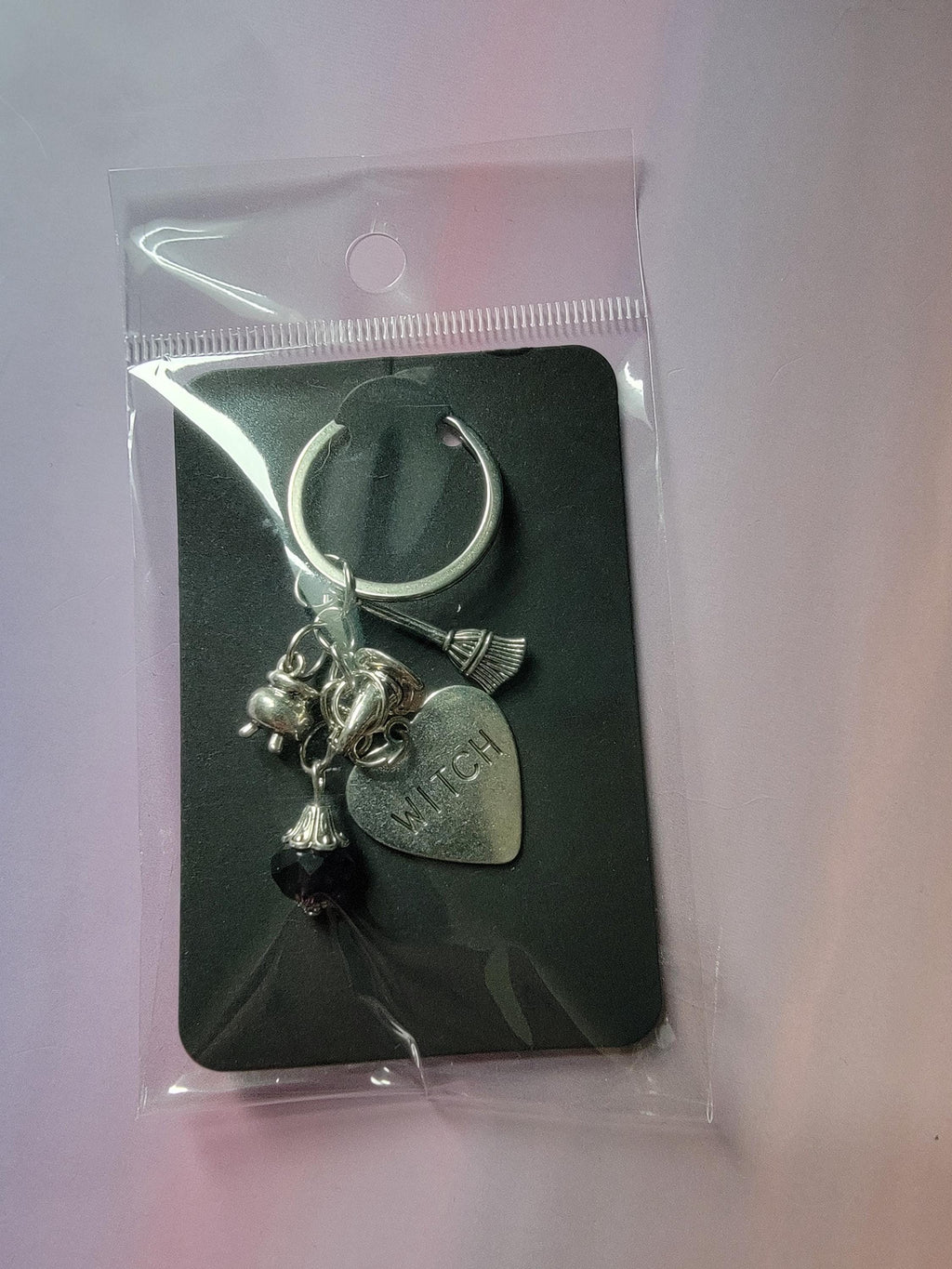 Witch Keychain with Purple Gem – Silver Charm Key Ring, Witch Hat Broom Cauldron, Gothic Witchy Gift, Halloween Accessory