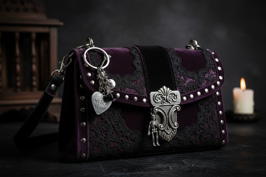 Witch Keychain with Purple Gem – Silver Charm Key Ring, Witch Hat Broom Cauldron, Gothic Witchy Gift, Halloween Accessory