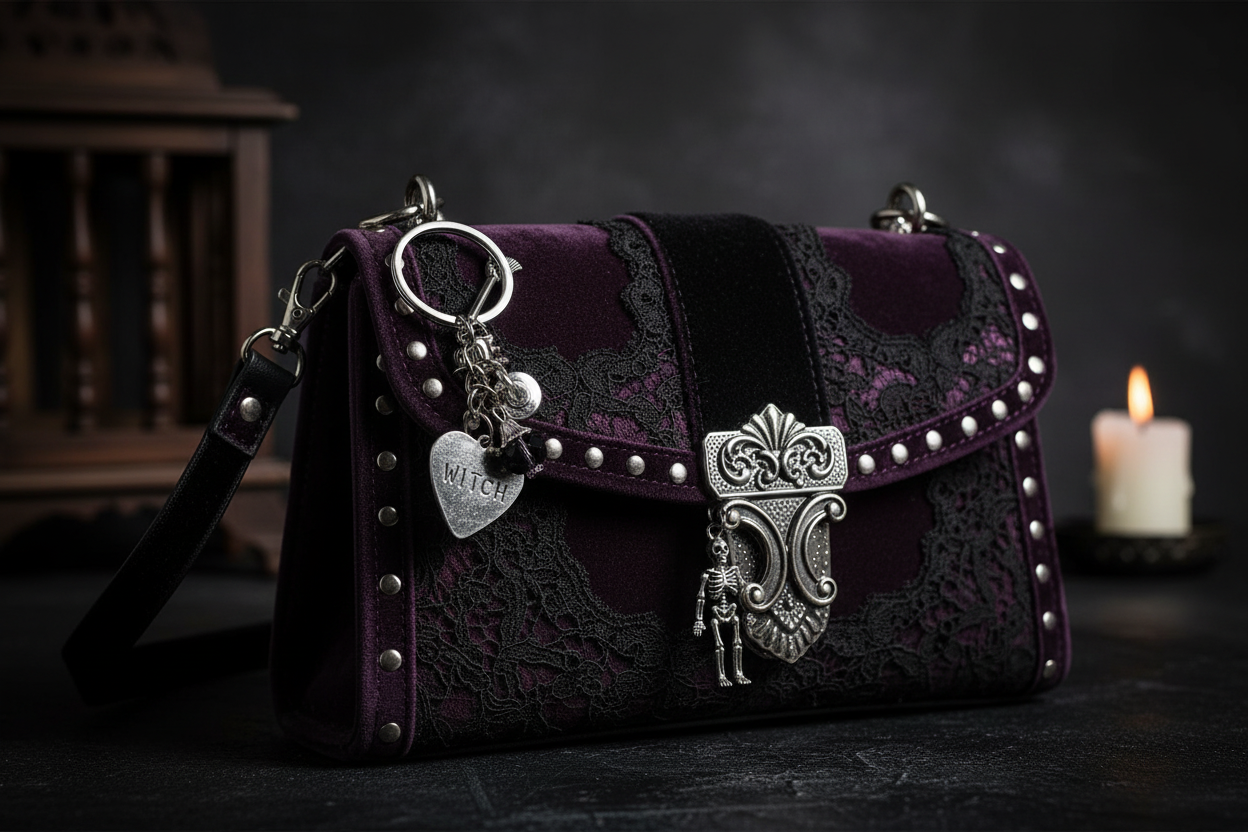 Witch Keychain with Purple Gem – Silver Charm Key Ring, Witch Hat Broom Cauldron, Gothic Witchy Gift, Halloween Accessory