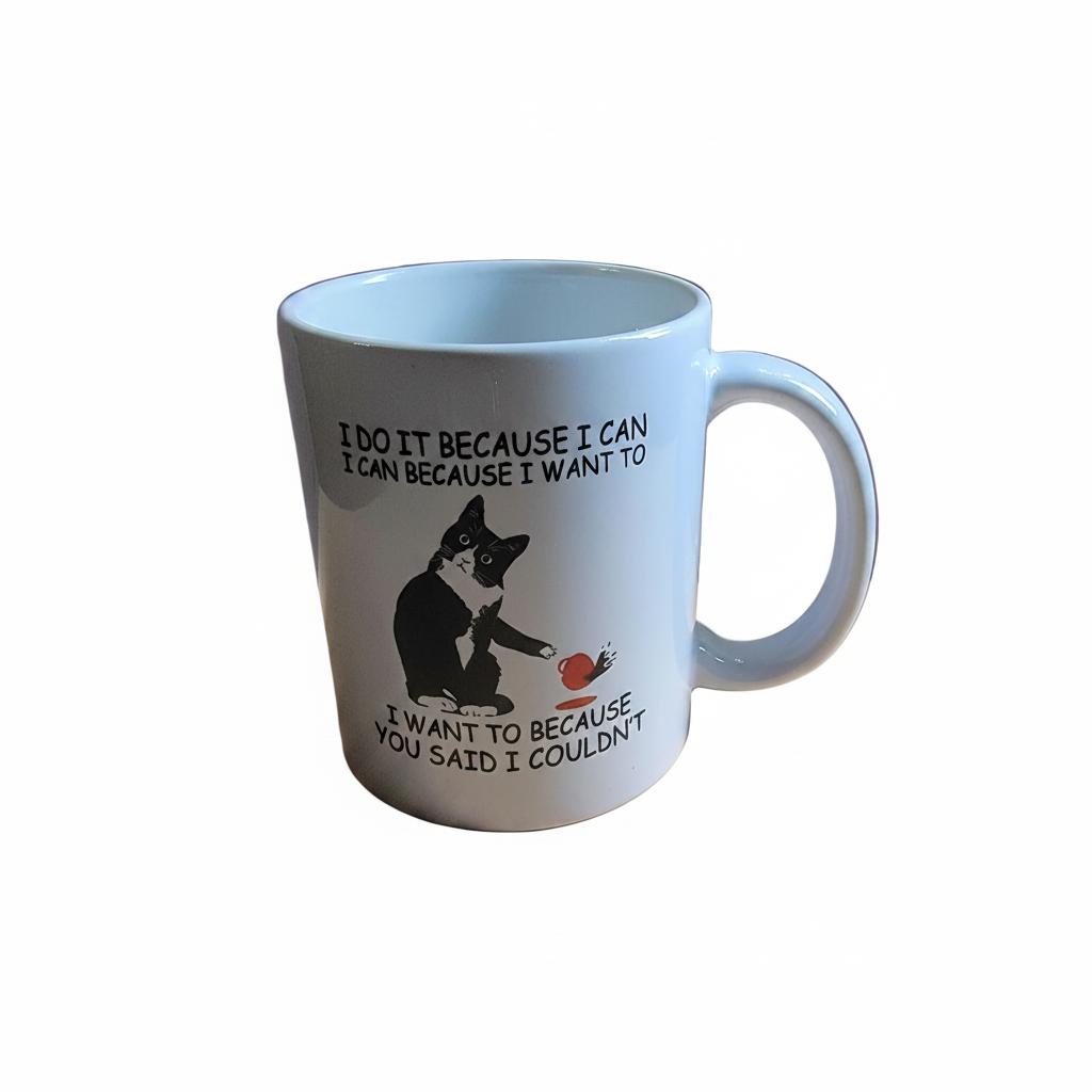 Funny Tuxedo Cat Coffee Mug – “I Do It Because I Can” Cat Lover Mug