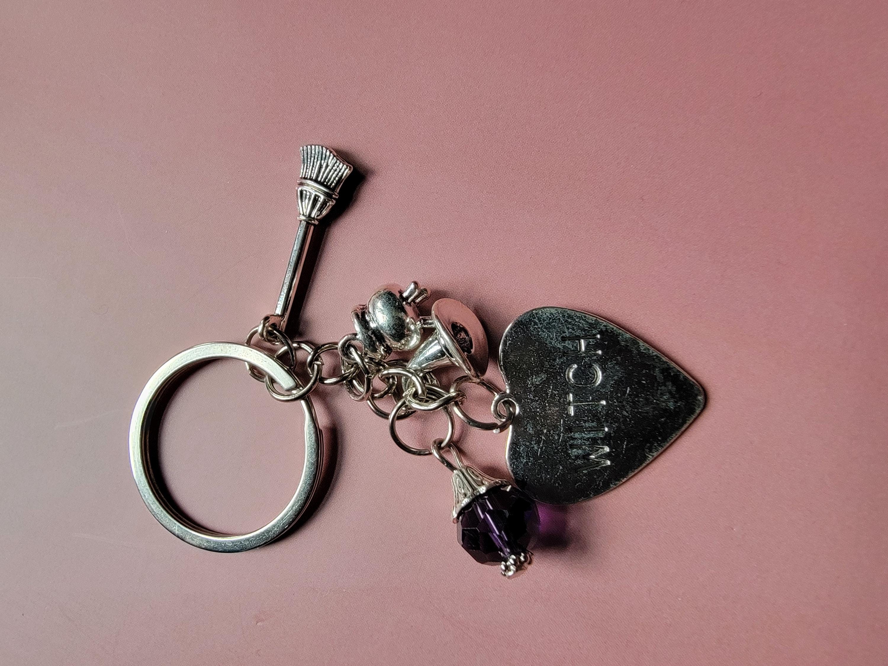 Witch Keychain with Purple Gem – Silver Charm Key Ring, Witch Hat Broom Cauldron, Gothic Witchy Gift, Halloween Accessory