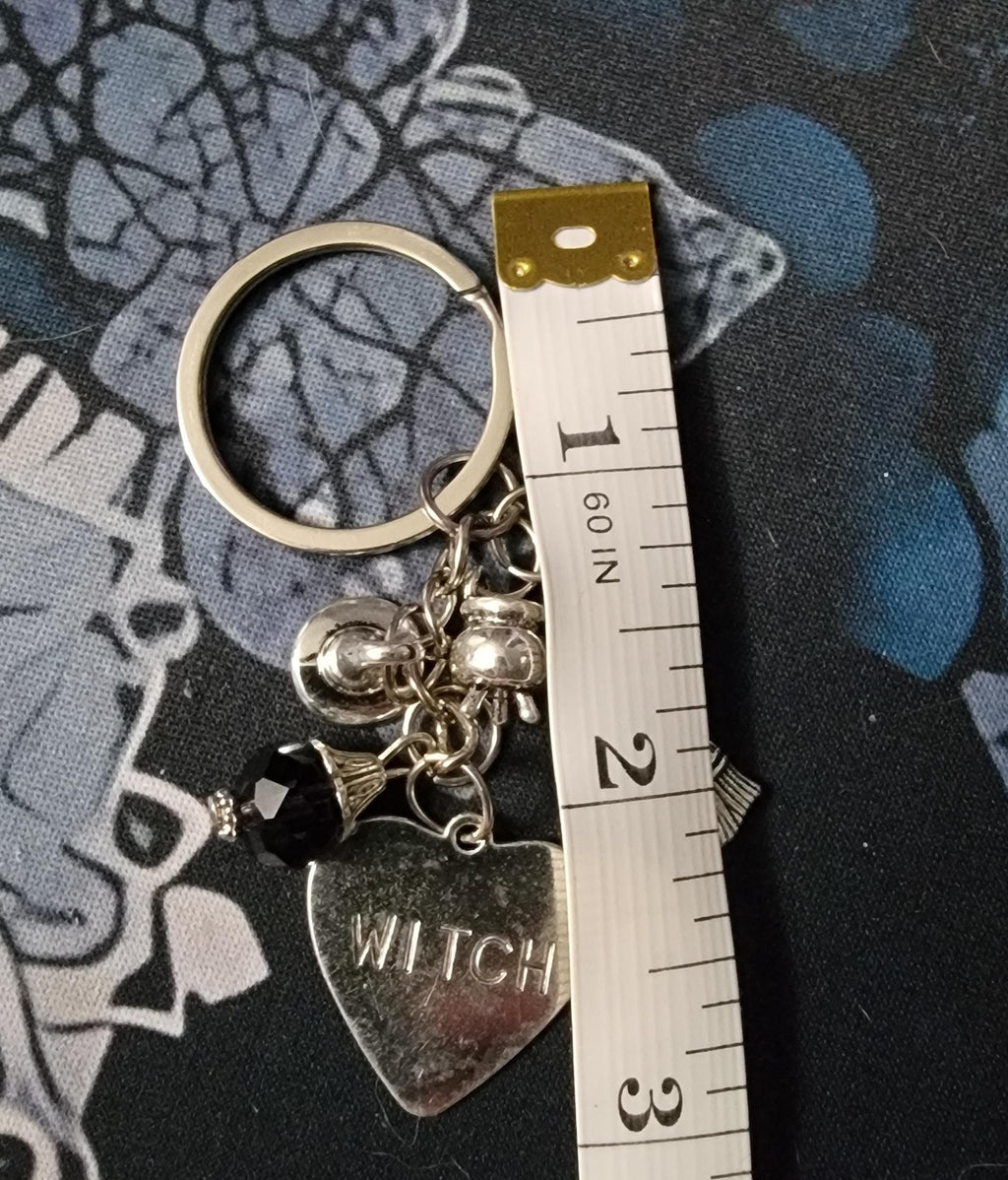 Witch Keychain with Purple Gem – Silver Charm Key Ring, Witch Hat Broom Cauldron, Gothic Witchy Gift, Halloween Accessory