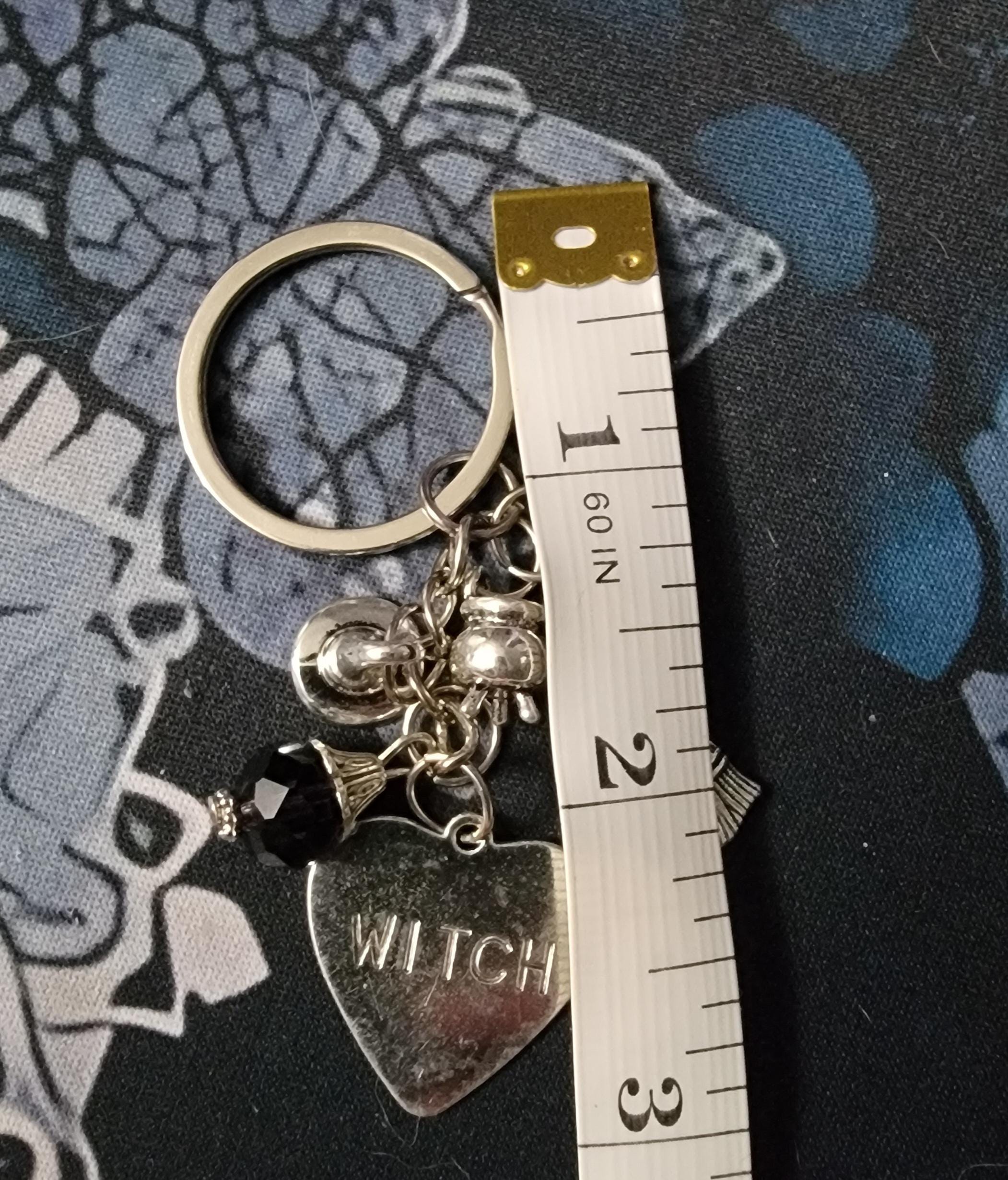 Witch Keychain with Purple Gem – Silver Charm Key Ring, Witch Hat Broom Cauldron, Gothic Witchy Gift, Halloween Accessory