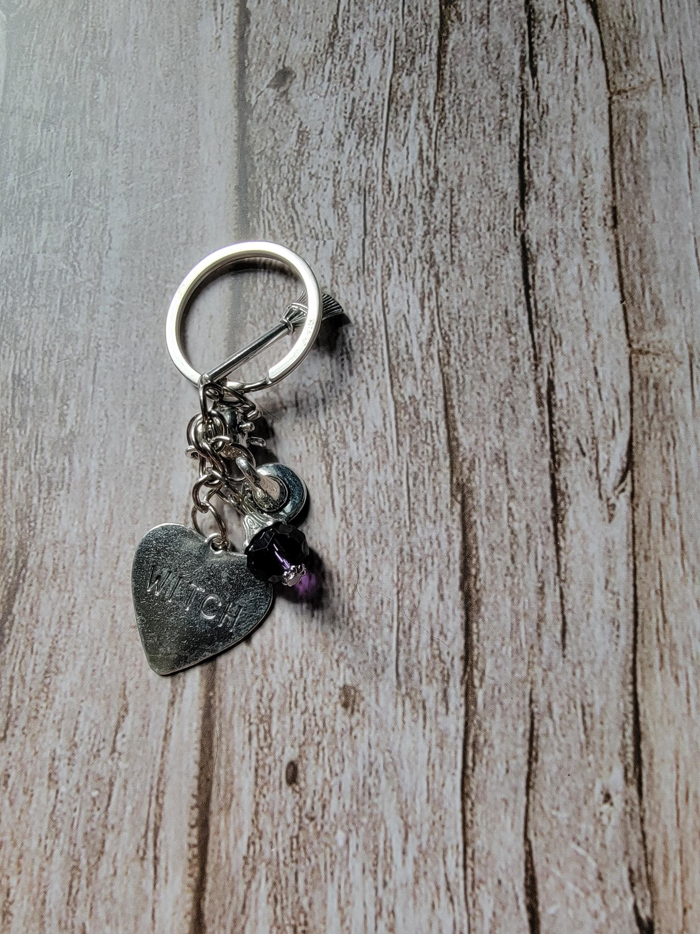 Witch Keychain with Purple Gem – Silver Charm Key Ring, Witch Hat Broom Cauldron, Gothic Witchy Gift, Halloween Accessory