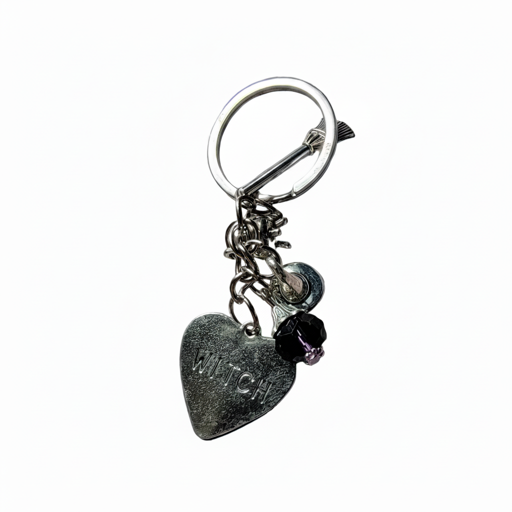 Witch Keychain with Purple Gem – Silver Charm Key Ring, Witch Hat Broom Cauldron, Gothic Witchy Gift, Halloween Accessory