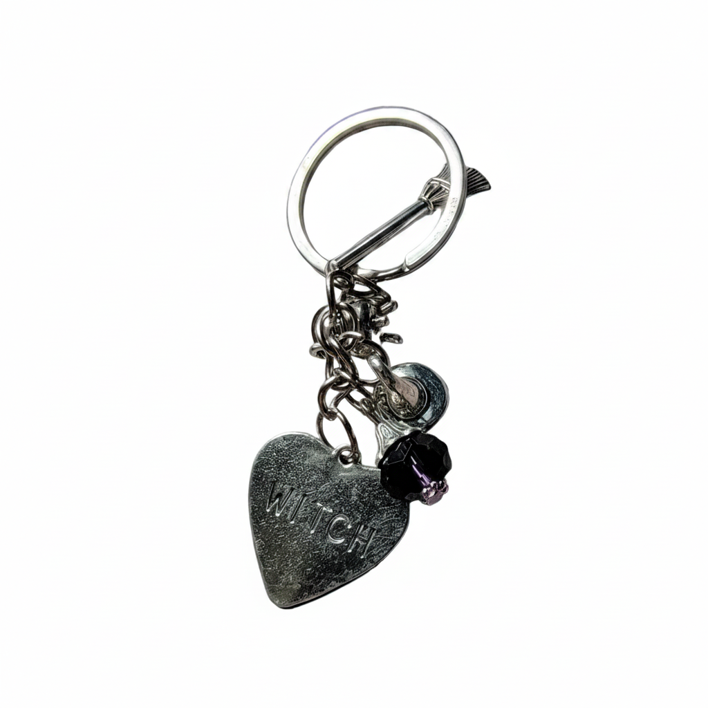 Witch Keychain with Purple Gem – Silver Charm Key Ring, Witch Hat Broom Cauldron, Gothic Witchy Gift, Halloween Accessory