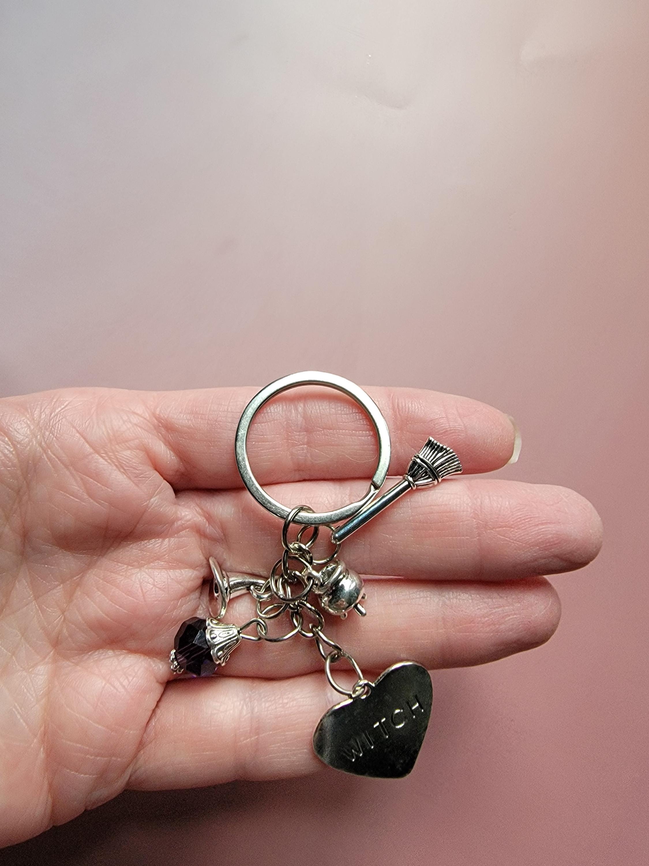 Witch Keychain with Purple Gem – Silver Charm Key Ring, Witch Hat Broom Cauldron, Gothic Witchy Gift, Halloween Accessory