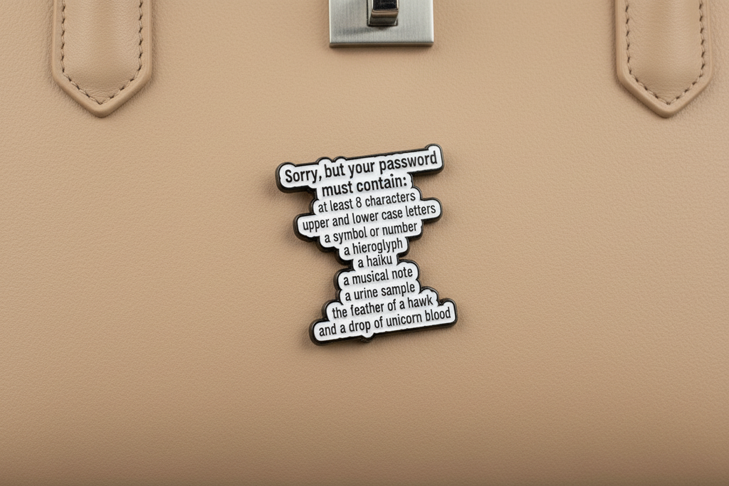 Funny Password Requirements Enamel Pin – Office Humor Lapel Pin – Sarcastic Work Gift Accessory