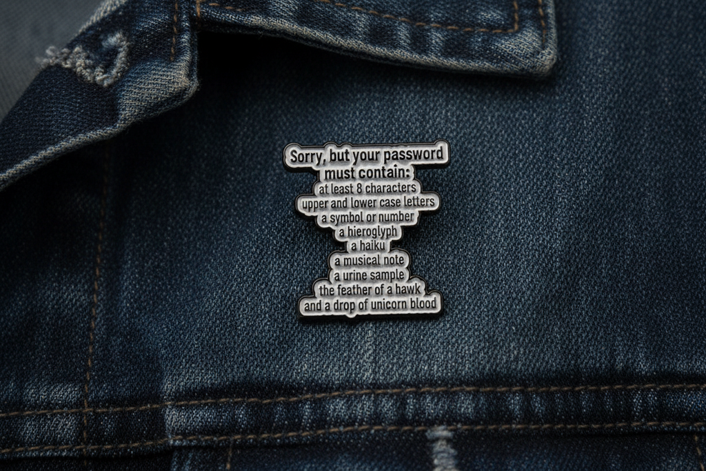 Funny Password Requirements Enamel Pin – Office Humor Lapel Pin – Sarcastic Work Gift Accessory