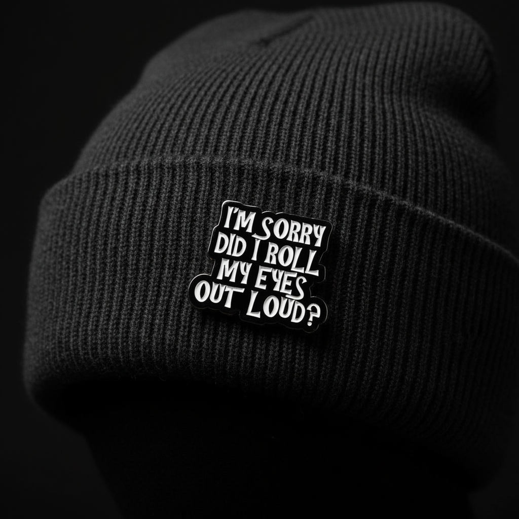 I'm sorry did I roll my eyes outloud enamel pin worn on beanie hat sarcastic enamel pin for casual outfits and street wear