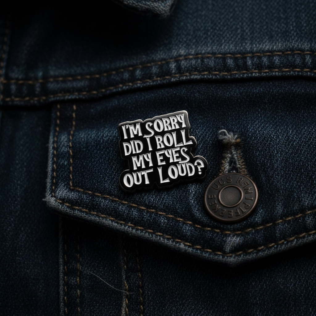 I'm sorry did I roll my eyes outloud enamel pin worn on jacket lapel, funny pin style for everyday wear