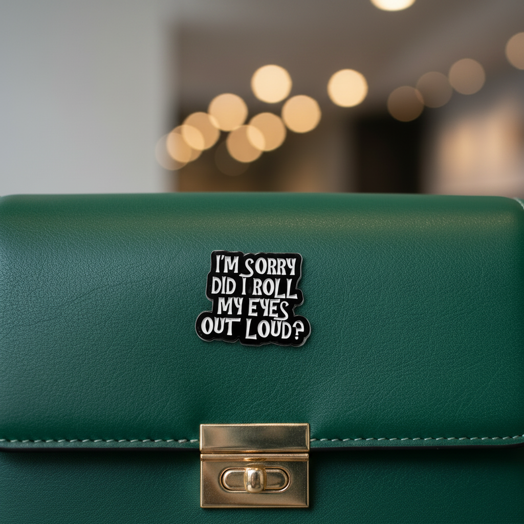 I'm sorry did I roll my eyes outloud enamel pin attached to purse funny brooch accessory for bags and personal style