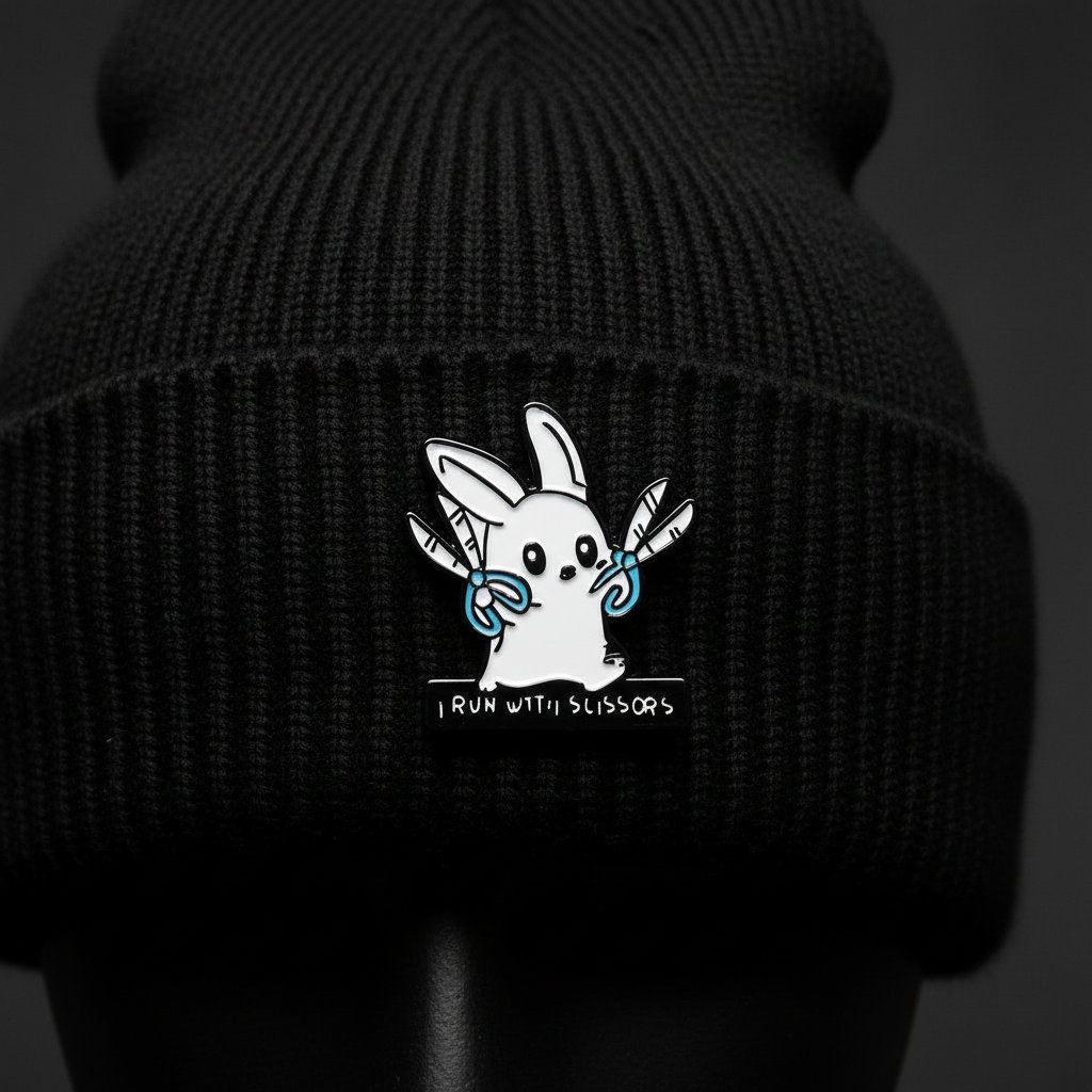 I run with scissors enamel pin worn on beanie hat alternative enamel pin for casual outfits and street wear