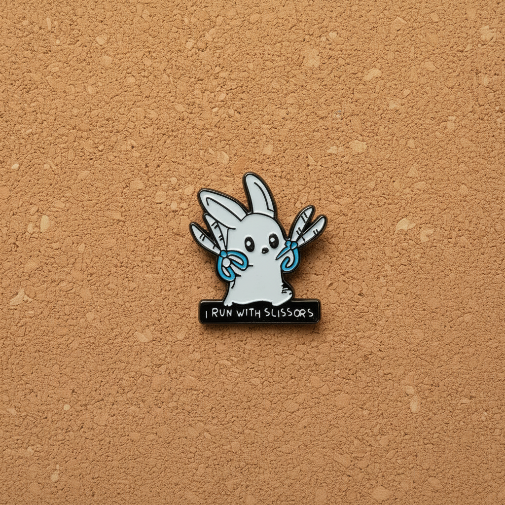 I run with scissors enamel pin displayed on cork board silly enamel pin for collectors and display
