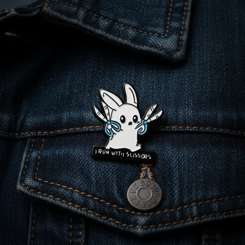 I run with scissors enamel pin worn on jacket lapel, gen z pin style for everyday wear