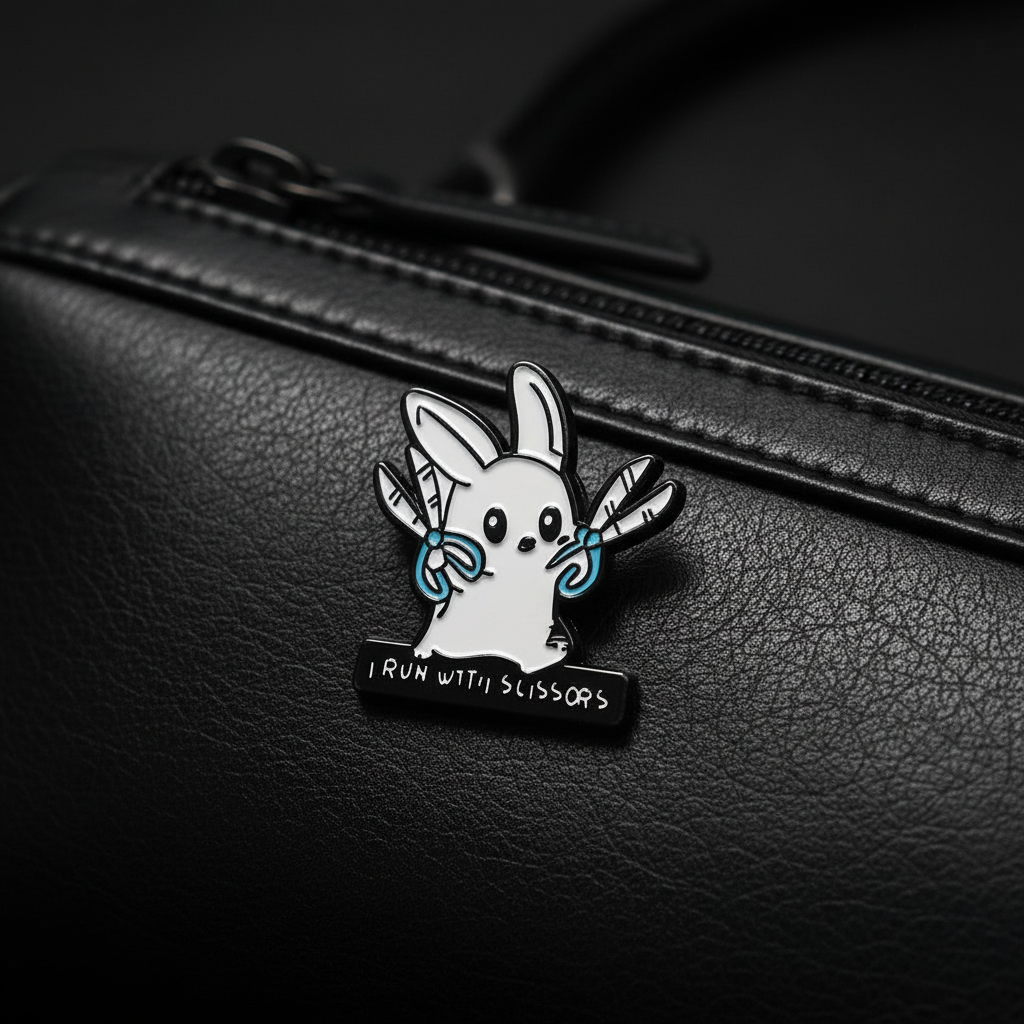 I run with scissors enamel pin attached to purse mental health brooch accessory for bags and personal style