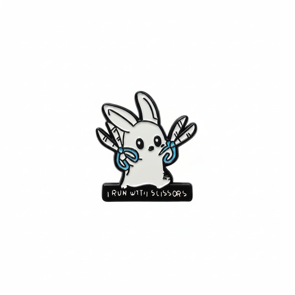 I run with scissors enamel pin featuring bunny design, funny gift for jackets and bags