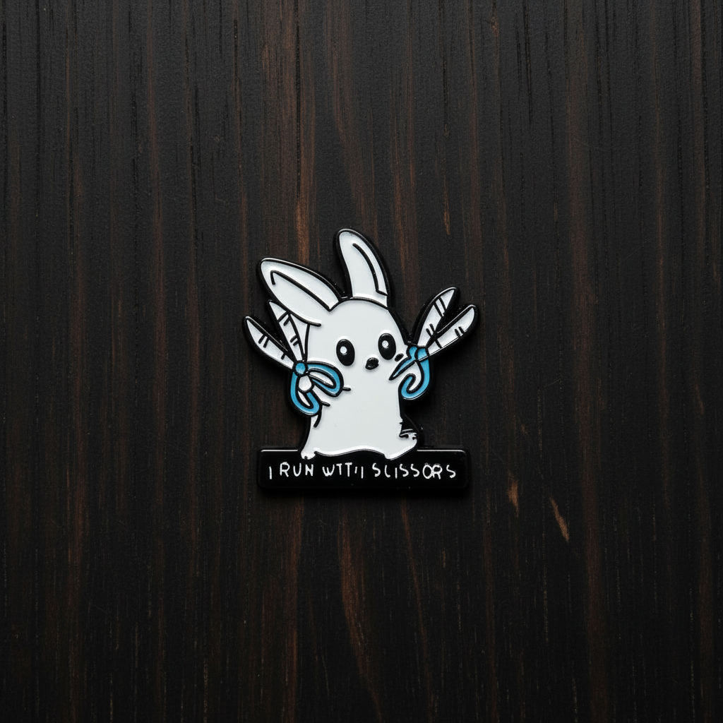 I run with scissors enamel pin on wood background sassy enamel pin with rabbit detail