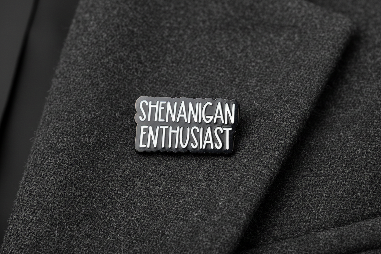 Black and white enamel pin with 'SHENANIGAN ENTHUSIAST' text on a gray fabric background