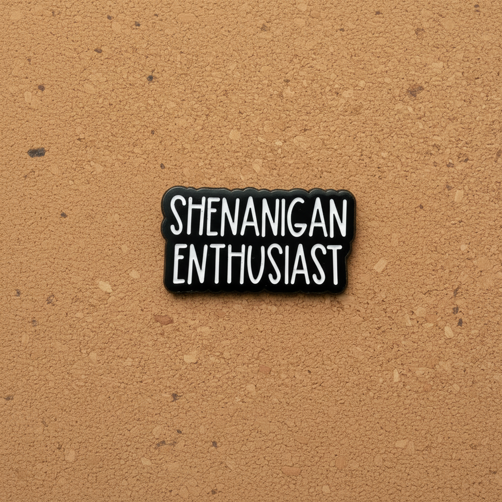 Shenanigan Enthusiast enamel pin displayed on cork board sarcastic enamel pin for collectors and display