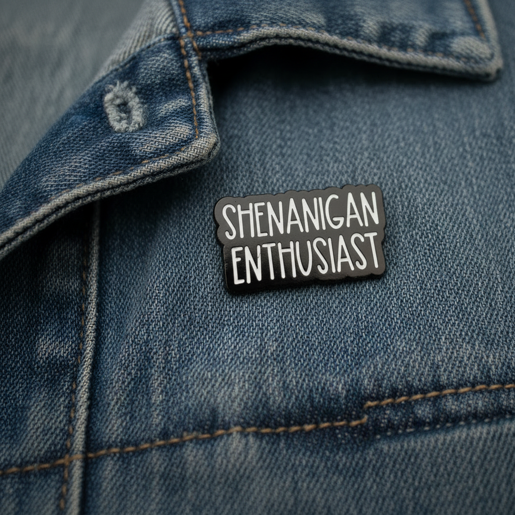 Shenanigan Enthusiast enamel pin worn on jacket lapel, funny pin style for everyday wear
